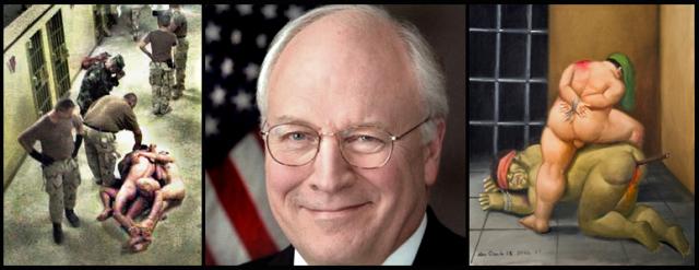 Torturers at work, Dick Cheney and one of Colombian Fernando Botero's 85 paintings of torture at Abu Ghraib